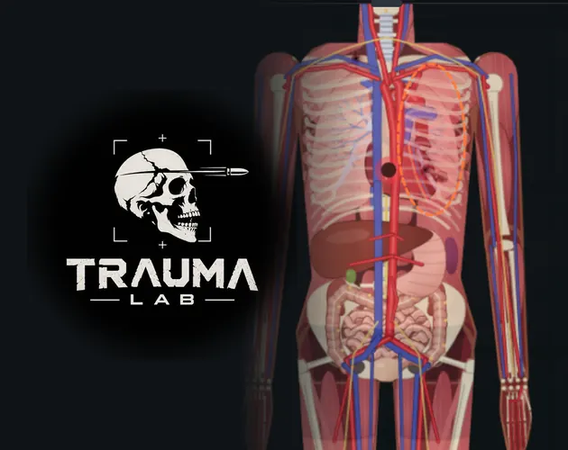 Trauma Lab cover art: skull logo beside an anatomical torso. Official itch.io cover.