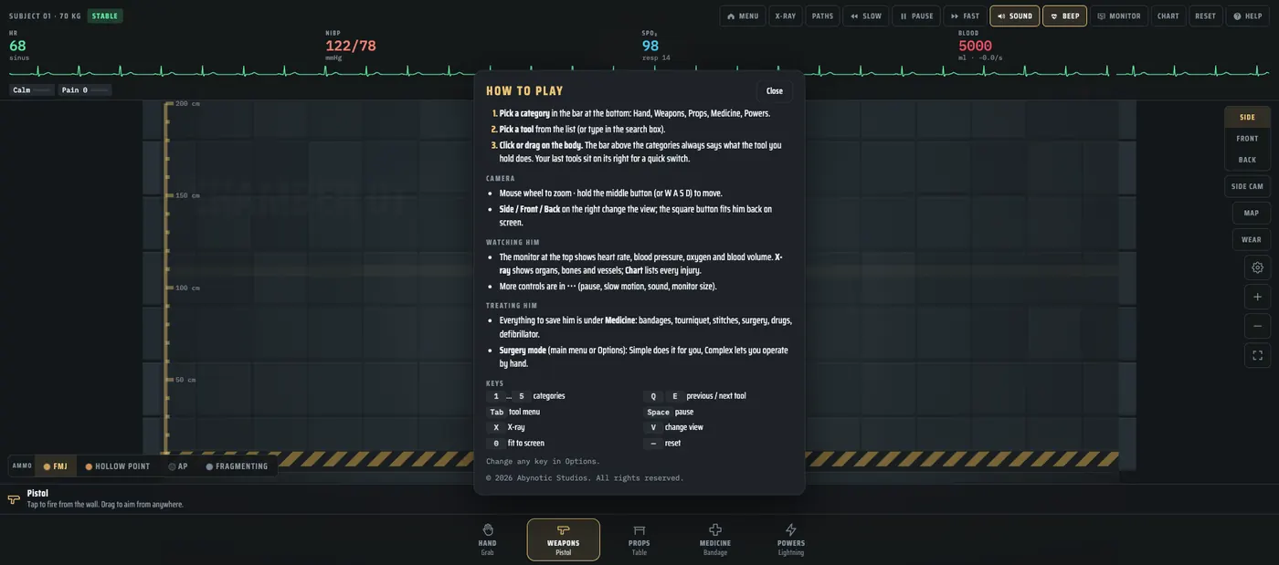 In-game How to Play panel from Trauma Lab v1.19, captured 2026-10-23.