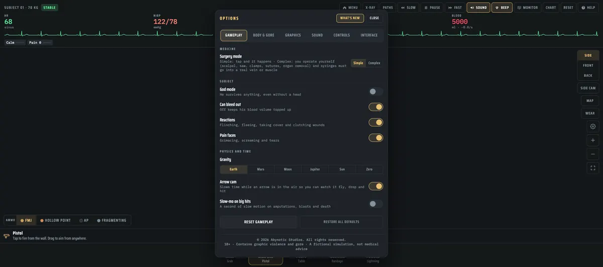 Trauma Lab options: surgery mode, gore, and quality, captured from v1.19 on 2026-10-23.