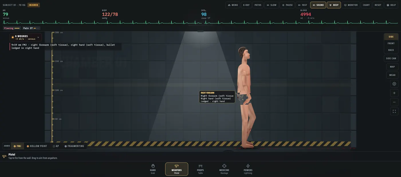 Sandbox pistol shot in Trauma Lab v1.19: six wounds and blood at 4994 mL, captured 2026-10-23.