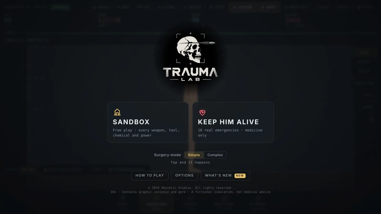Trauma Lab main menu: Sandbox, Keep Him Alive, and a locked Story prototype, with an 18+ gore notice. Official itch.io screenshot.