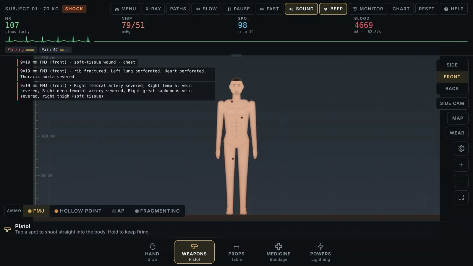Trauma Lab side view after gunfire, with a wound log and the vital-sign HUD. Official itch.io screenshot.