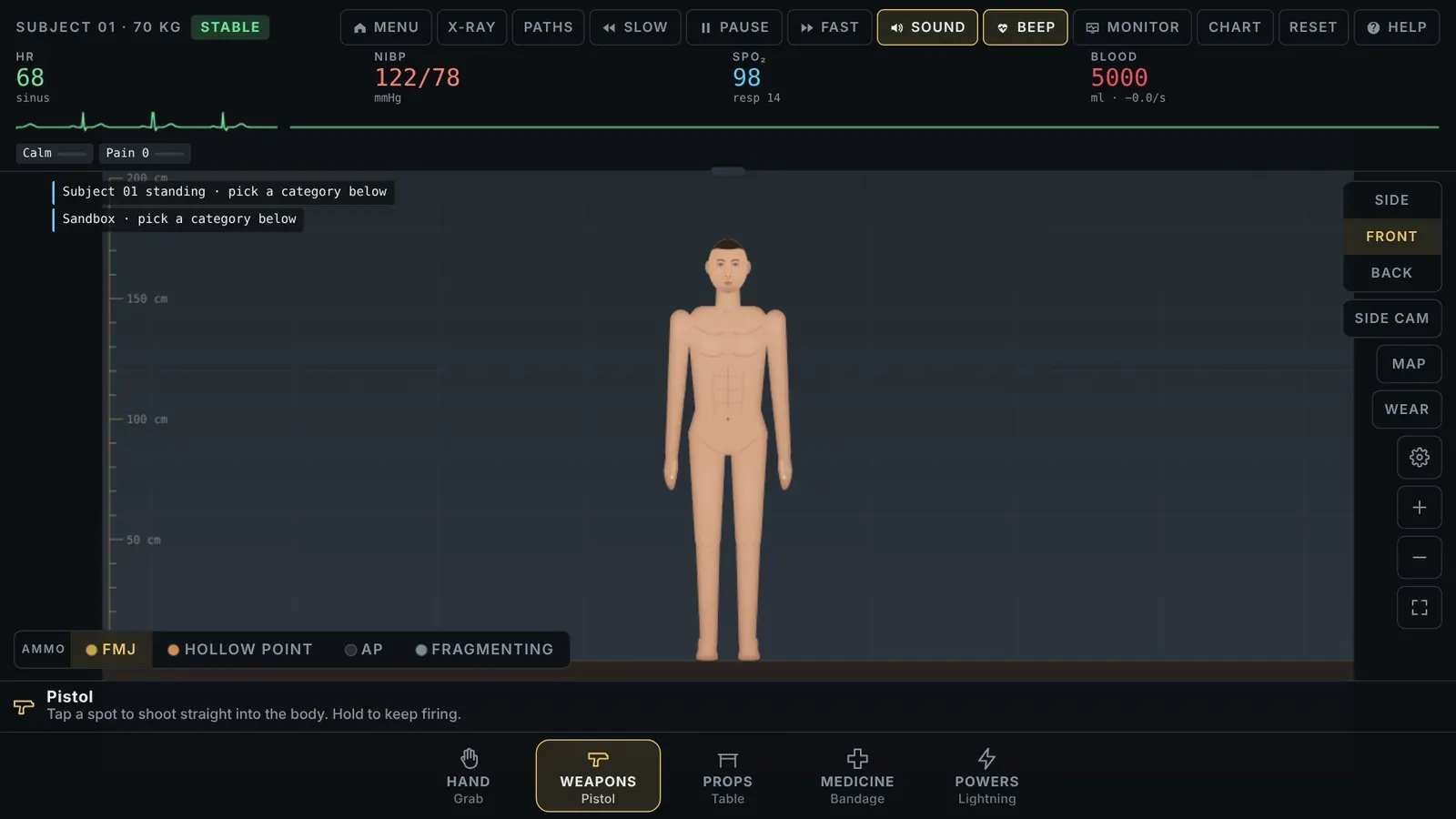 Trauma Lab front view of the test subject with Hand, Weapons, Props, Medicine, and Powers. Official itch.io screenshot.