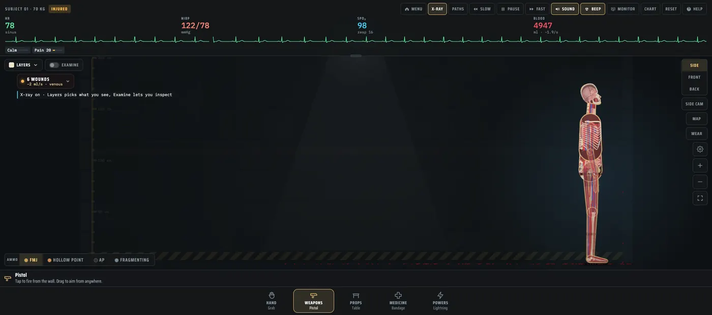 X-ray layers after a pistol shot in Trauma Lab v1.19, captured 2026-10-23.